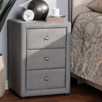 Baxton Studio BBT3138-Grey-NS Tessa Modern and Contemporary Grey Fabric Upholstered 3-Drawer Nightstand